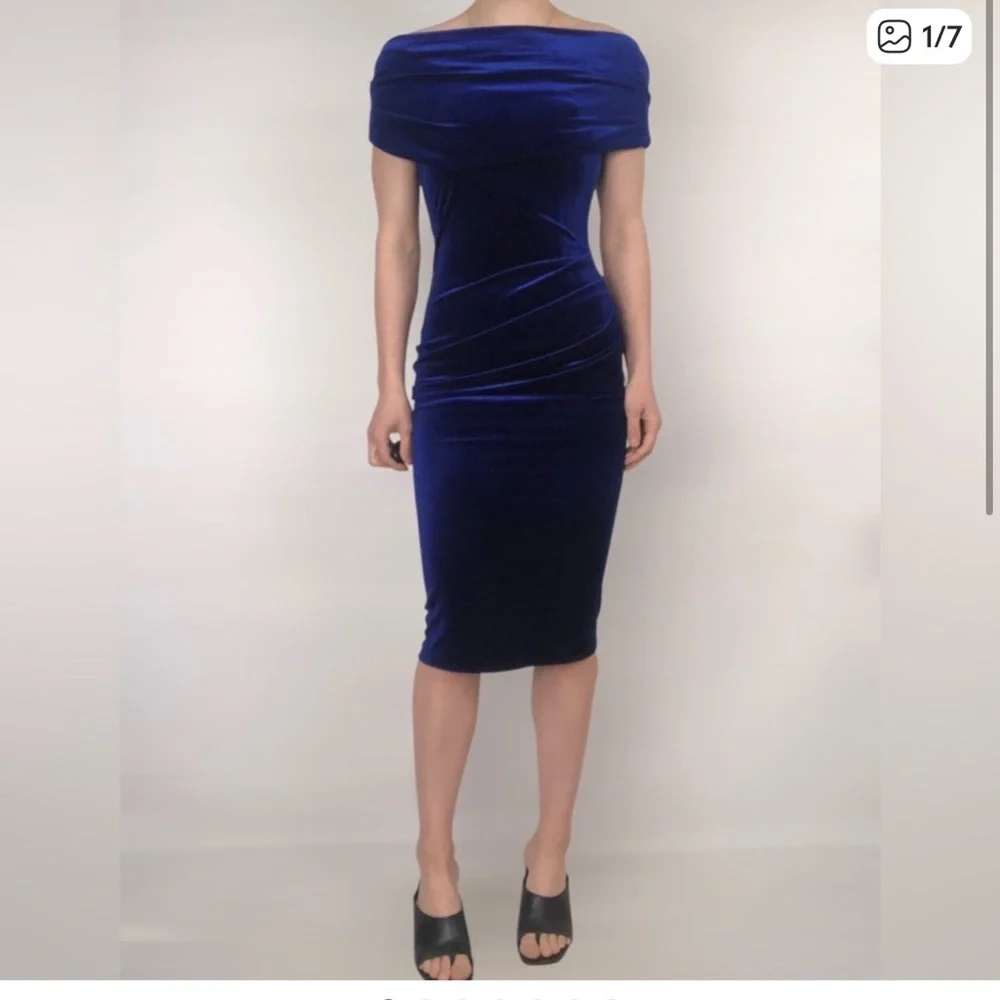 NADINE MERABI Royal Blue Velvet Midi Dress - Picture 1 of 5